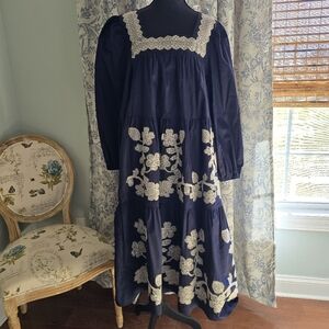 Navy Blue Boho Cotton Women's Dress with Floral Embroidery Front and Back
